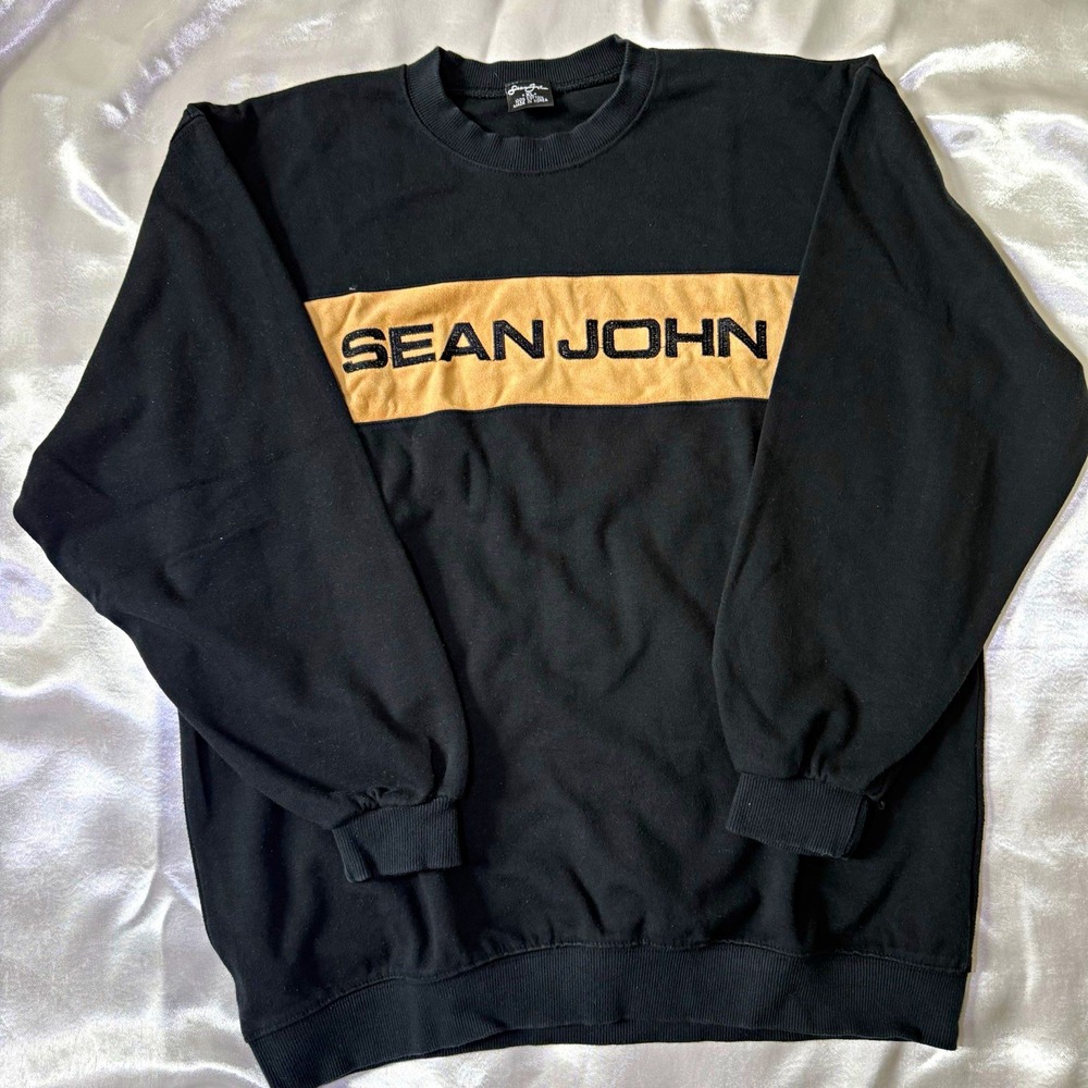 Sean John Men's XL Black/Tan Colorblock Logo Crewneck Pullover Cotton Sweatshirt